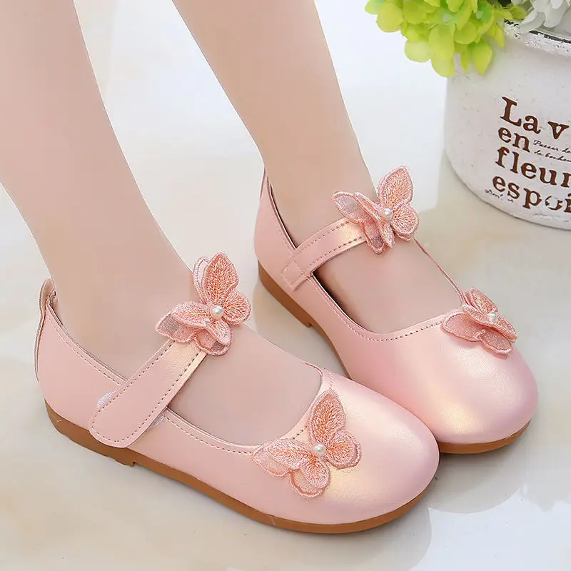 2-12Years Old Kids Leather Shoes Comfortable Beautiful Butterfly Girls Princess Shoes For Wedding Party Children Single Shoes