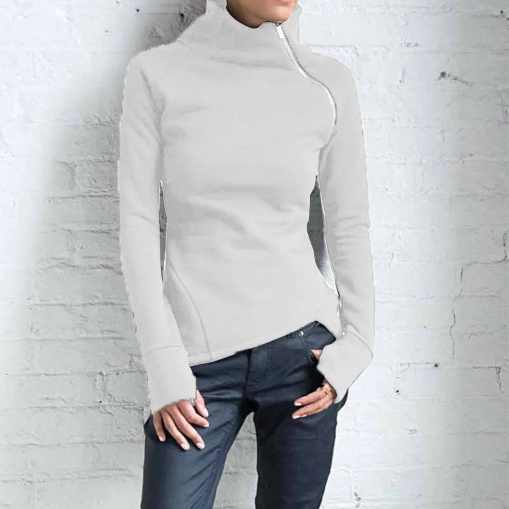 

Women Casual Solid Blouse Long Sleeve Pullover Turtleneck Zipper Sweatshirt Thin Jumper Pullover Hoodie Sweatshirts Autumn Tops