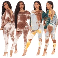 tie dye print 2 piece set women casual loose long sleeve t shirt tops and bodycon sweatpant autumn high waist backless outfit