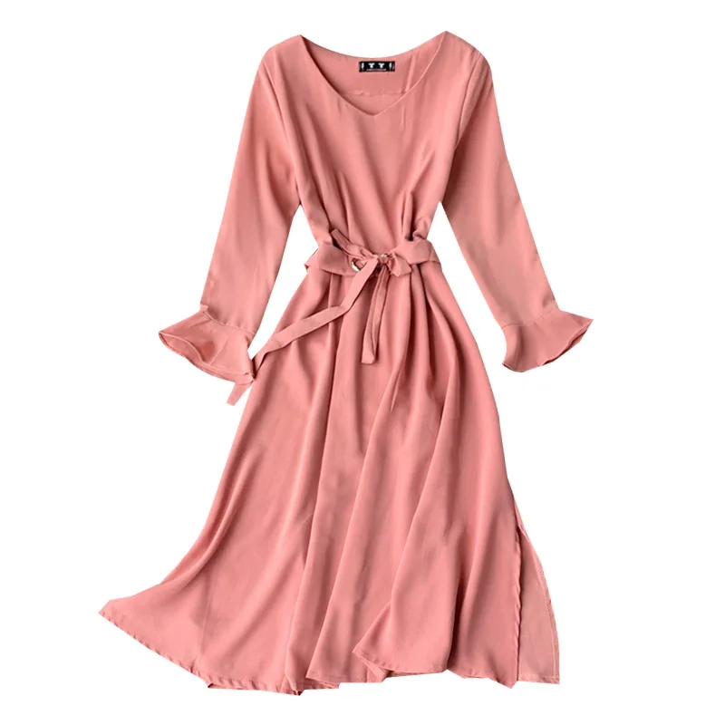 ALPHALMODA A-line Long-sleeved Autumn Dress New Women Side-slit Belted Sashes Tie Solid Casual Chiffon | Женская одежда