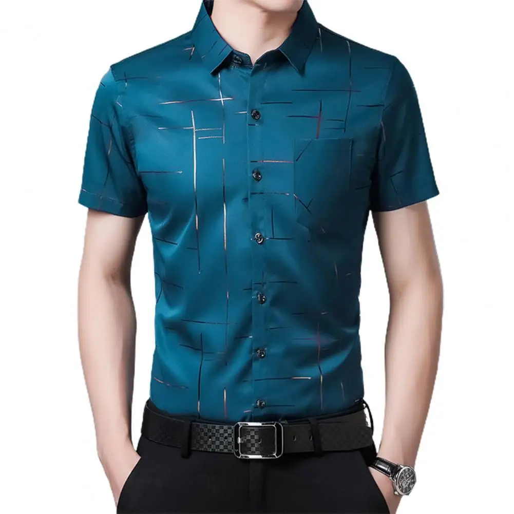 

Social Dress Shirt Hot Stamping Print Buttons Men Lapel Collar Top for Party