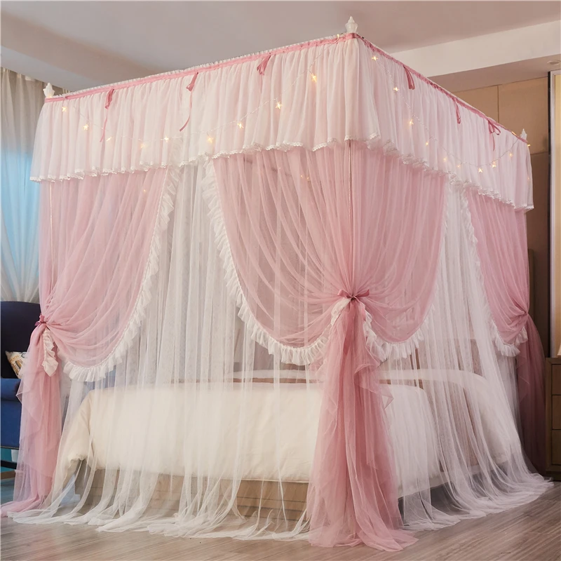 Pink White Double-deck Romantic Lace Princess Style Three-door Floor-standing mosquito net Suitable for 1.2m 1.5m 1.8m 2m Bed |