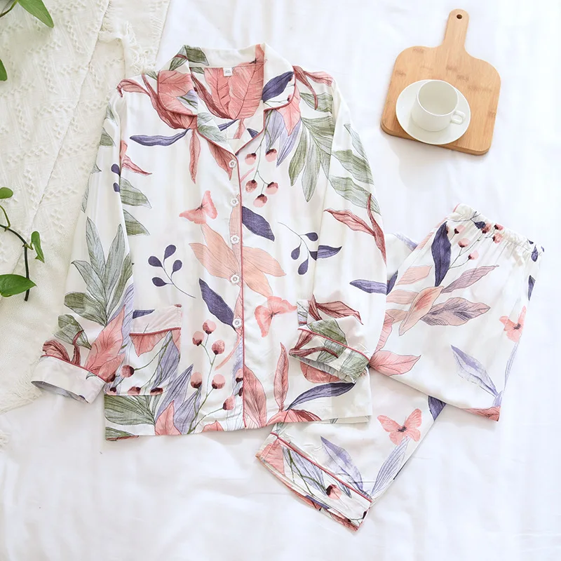 SR044 Summer Viscose Cotton Thin Printed Pajamas Womens Pyjamas Set Long Sleeve Shirt Sleepwear Women Pajamas Full Pant Female