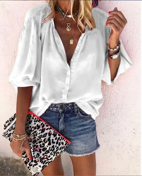 

Donsignet Women's Blouse New Fashion Spring and Autumn Temperament Button Shirt Blouse Women V-neck Solid Color Long-sleeved