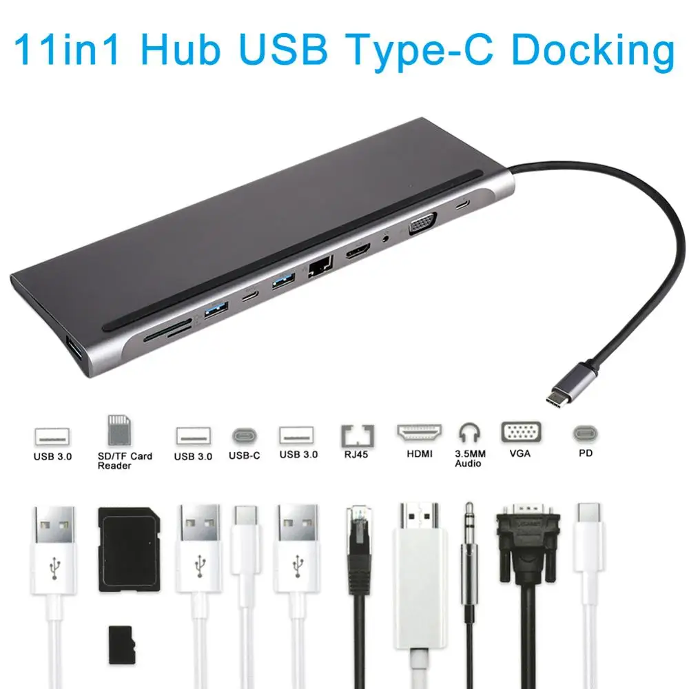USB C концентратор USB C адаптер концентратор для RJ45 Ethernet HDMI концентратор данных/PD Зарядка 3 USB 3,0 SD/TF кард-ридер/3,5 мм аудио - Цвет: 11 in 1