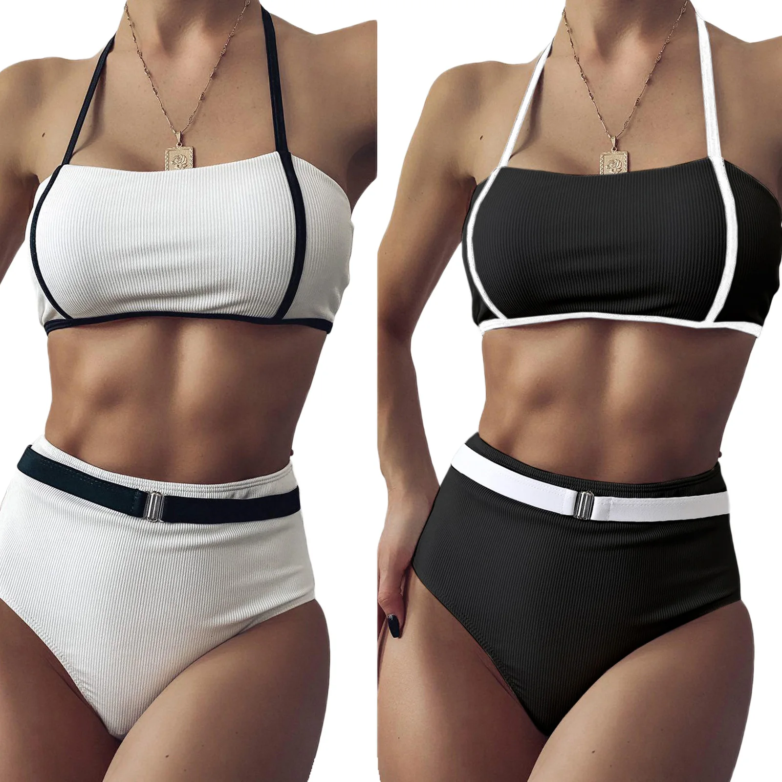 

2021 New Hot Sale Fashion Women Two-piece Halter Bikini with Color Block, Adjustable Straps High Waist Design Beach Clothing