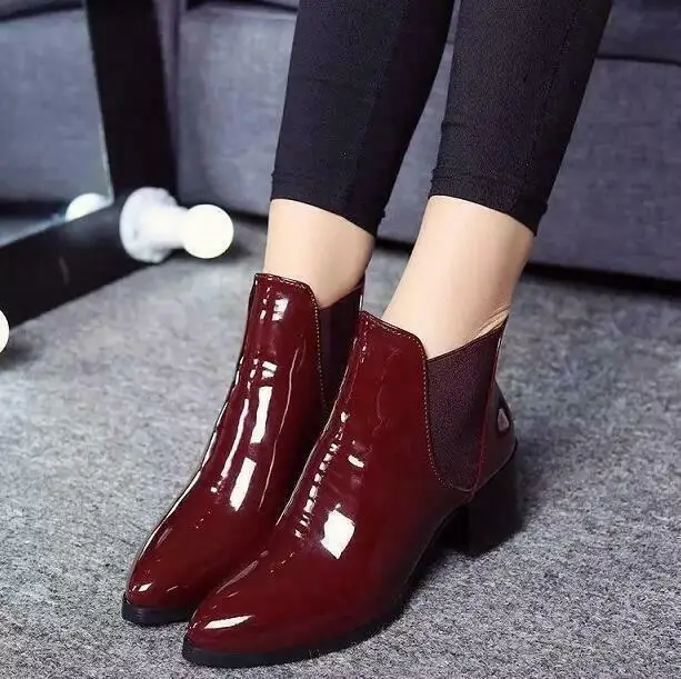 

Women's casual Chunky Heel Pointed Toe shiny Patent leather Elastic Ankle Boots