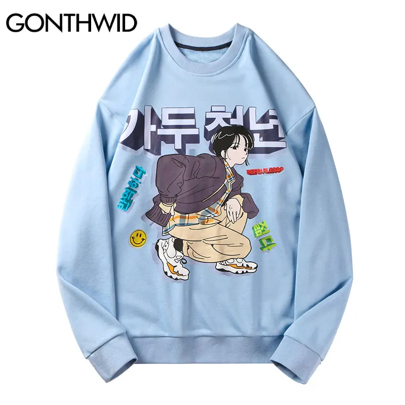 

GONTHWID Hip Hop Hoodie Sweatshirt Streetwear Korea Cartoon Girl Print Crewneck Pullover 2021 Mens Harajuku Cotton Hoodie Blue