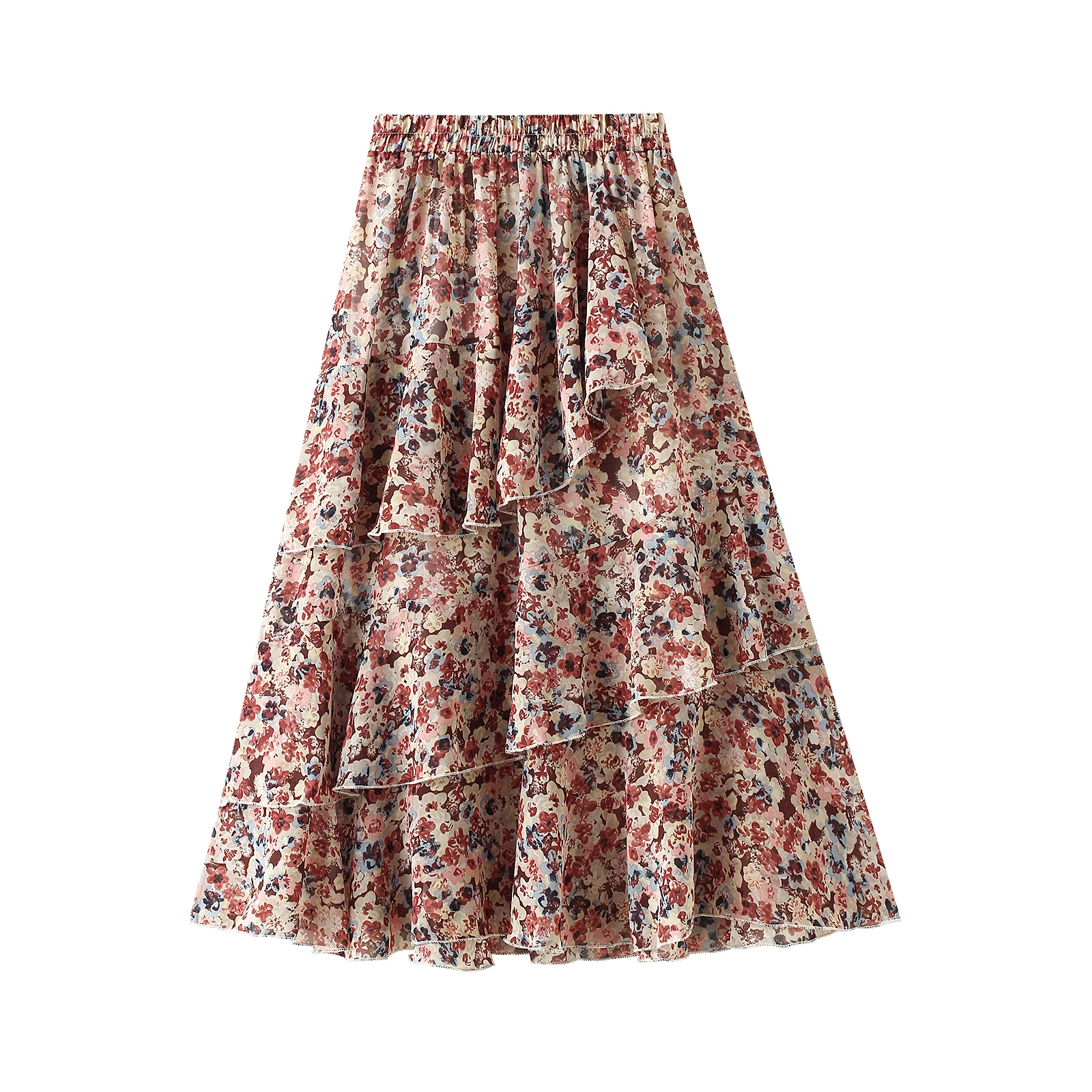 

Summer Ladies's A-Line Midi Skirts, Bohemian High Waist Layered Ruffle Floral Lemon Print Skirts Womens 2021