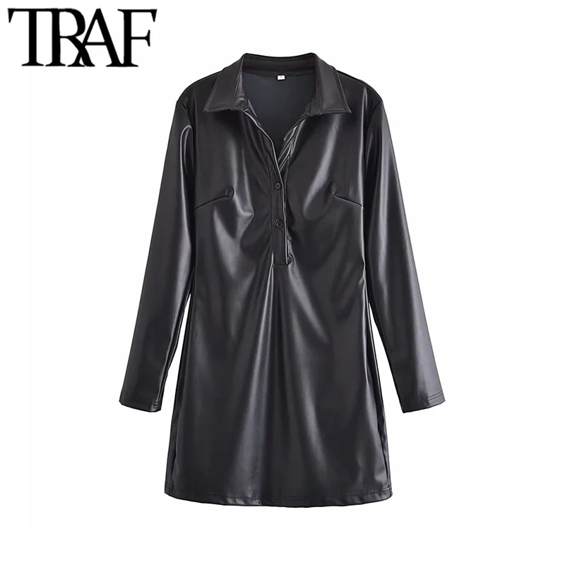 

Платье-мини из искусственной кожи на пуговицах, с длинным рукавом