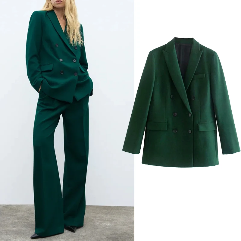 

Za Solid Green Blazer Women Long Sleeve Vintage Jacket Woman Fashion Pockets Elegant Female Blazer Autumn Jacket Coat