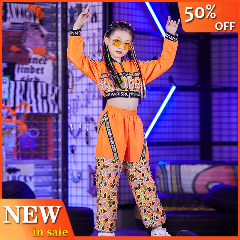 Новый танцевальный костюм в стиле хип хоп для девочек оранжевое пальто штаны