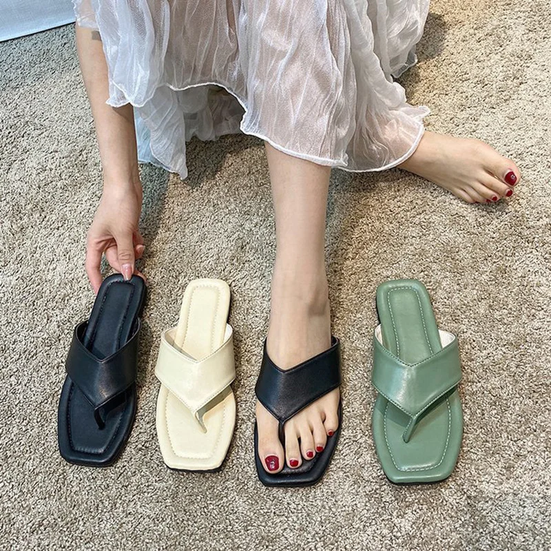 

Women Sandals 2021 Fashion Clip Toe Breathable Slippers Soft PU Flat Flip Flops Woman Comfortable Outdoor Shoes Square Head New