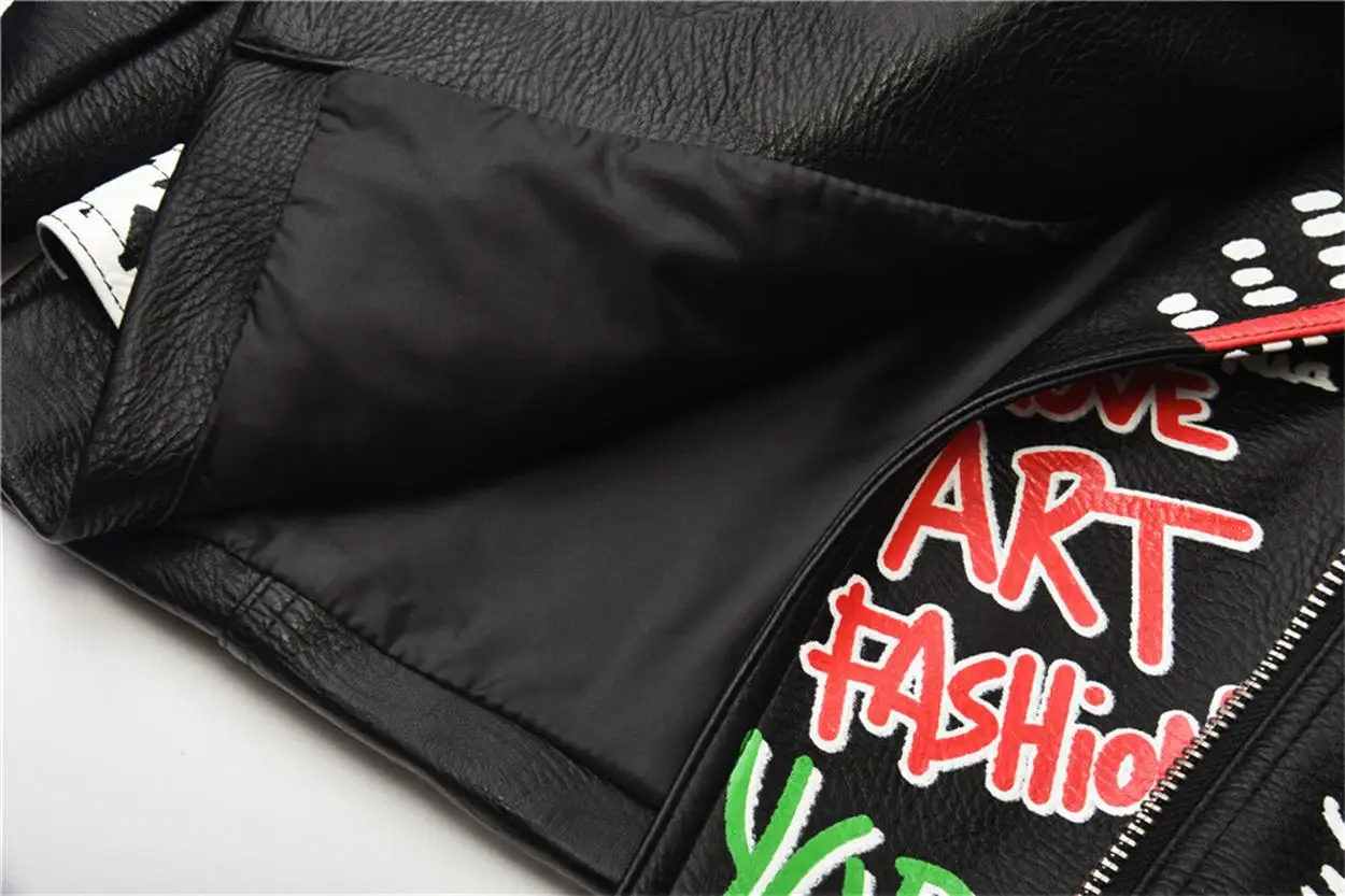 Winter new style lapel zipper graffiti heavy industry printing black punk street fashion short coat women