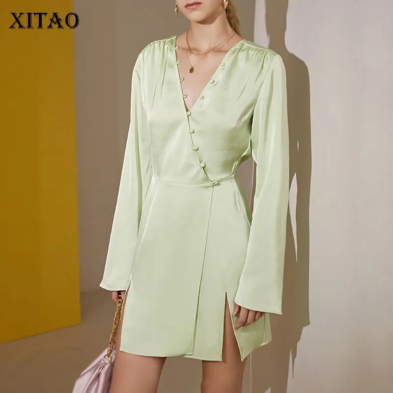

XITAO модное мини-платье с v-образным вырезом и разрезом, летнее, новое, однотонное, однобортное, с длинным рукавом, тонкое, простое, темперамент...