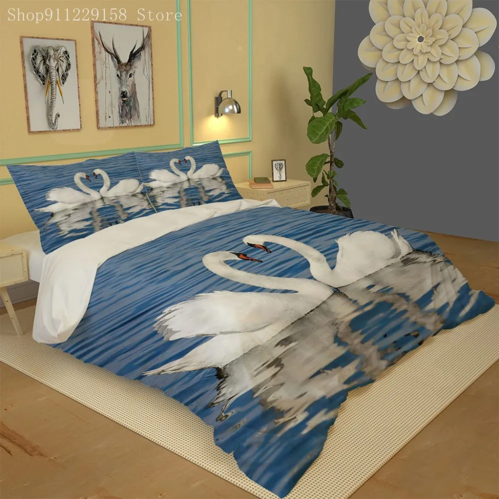 

White Swan Bedding Set Cartoon Kids Duvet Cover Sets American Style Cartoon Swan Bed Linen Sets Single Bedclothes Bedding Set