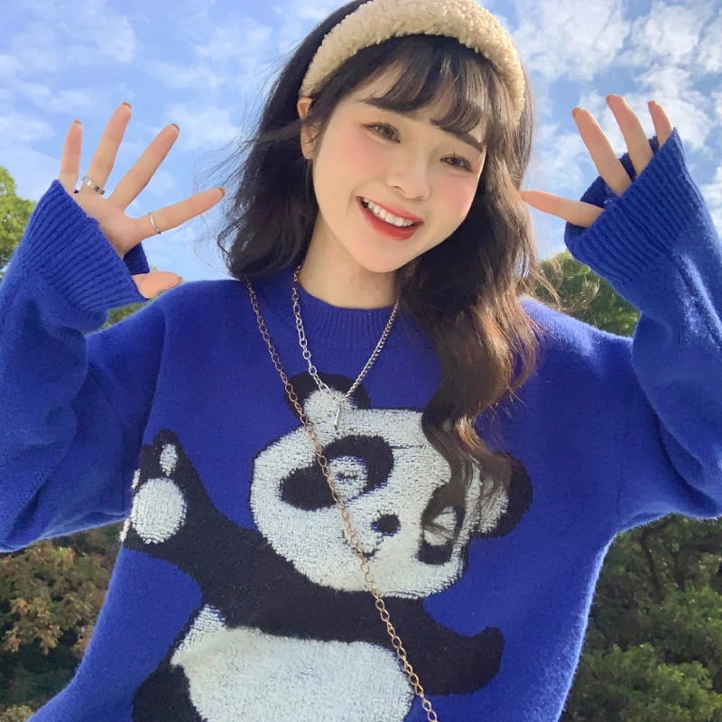 Модный женский свитер в виде панды на осень/зиму новинка средней длины Свободная