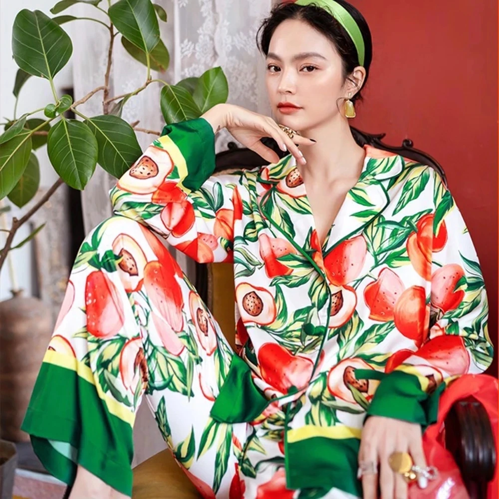 2023 Autumn Tropical Printed Silk Satin Pajamas Set Sleepwear Loungewear for Women Pyjama Female 2 Pieces Women's Home Clothing