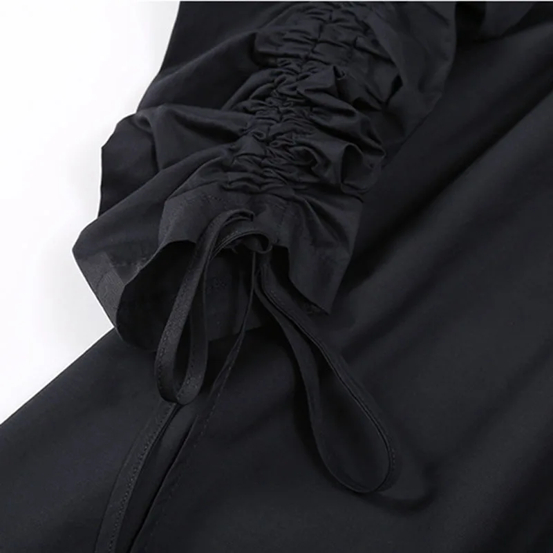 

SeeBeautiful Simple Stitching Loose Dress Lapel Drawstring Pleated Sleeve Button New Fashion 2021 Spring Women M740