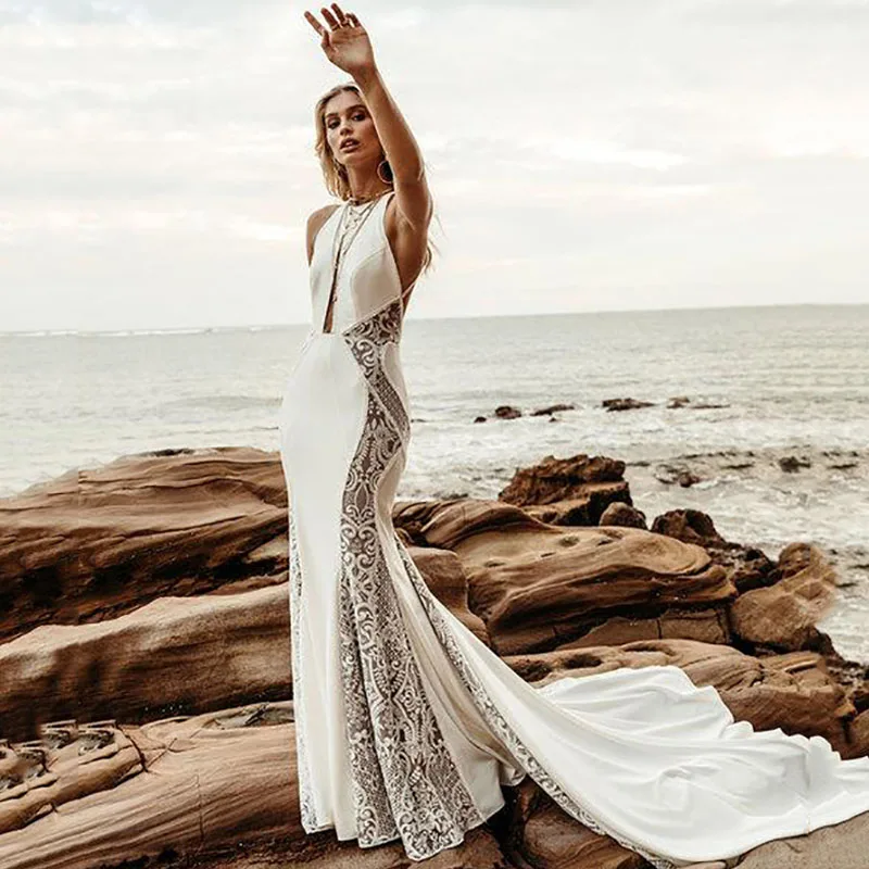 Кружевное свадебное платье с юбкой годе без рукавов открытой спиной|Свадебные