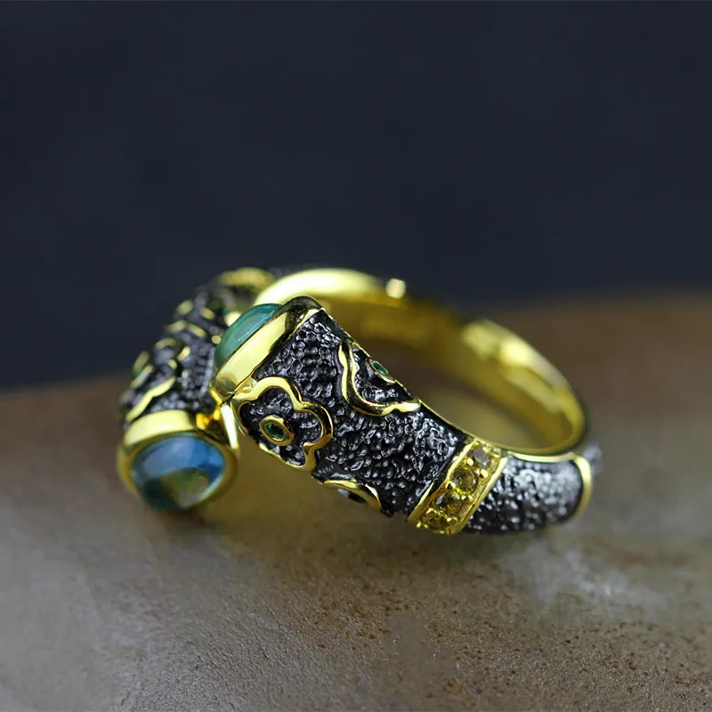925 Sterling Silver Ring Inlaid Natural Blue Topaz Vintage Enamel Rings For Men And Women Lovers Opening 18k Gold Plated | Украшения и