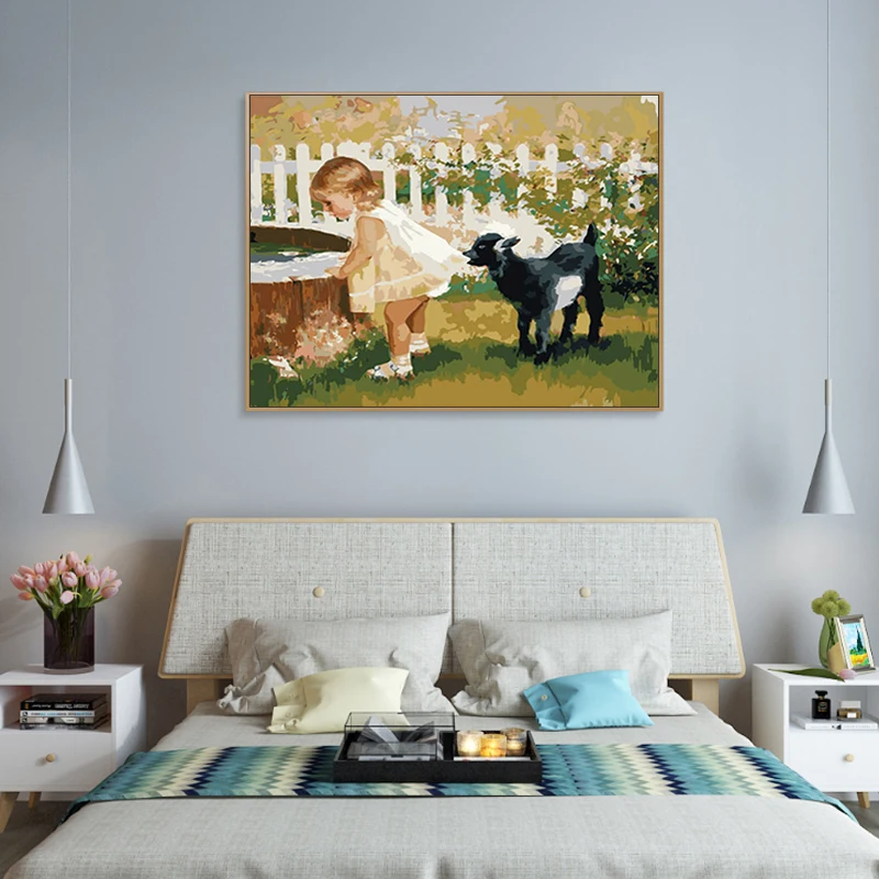 Diy digital painting creative little girl and small animal hand-painted decompression decorative | Дом и сад