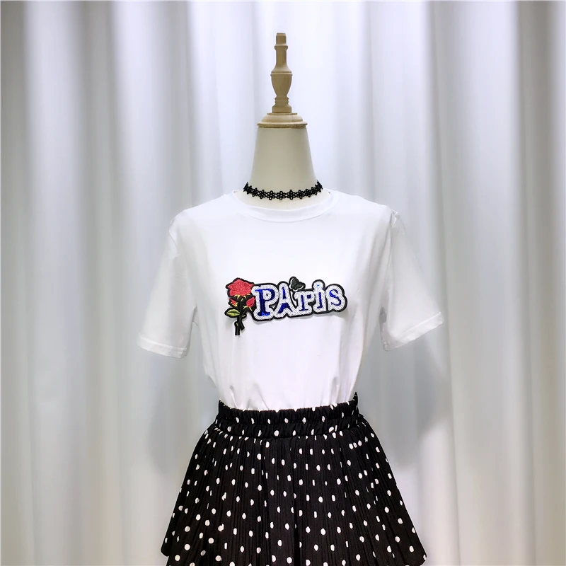 

2020 New Arrival All-match Summer Short-Sleeve T-shirt Patch Embroidery Letters Casual Students Cotton Top Pullovers Tees Girls