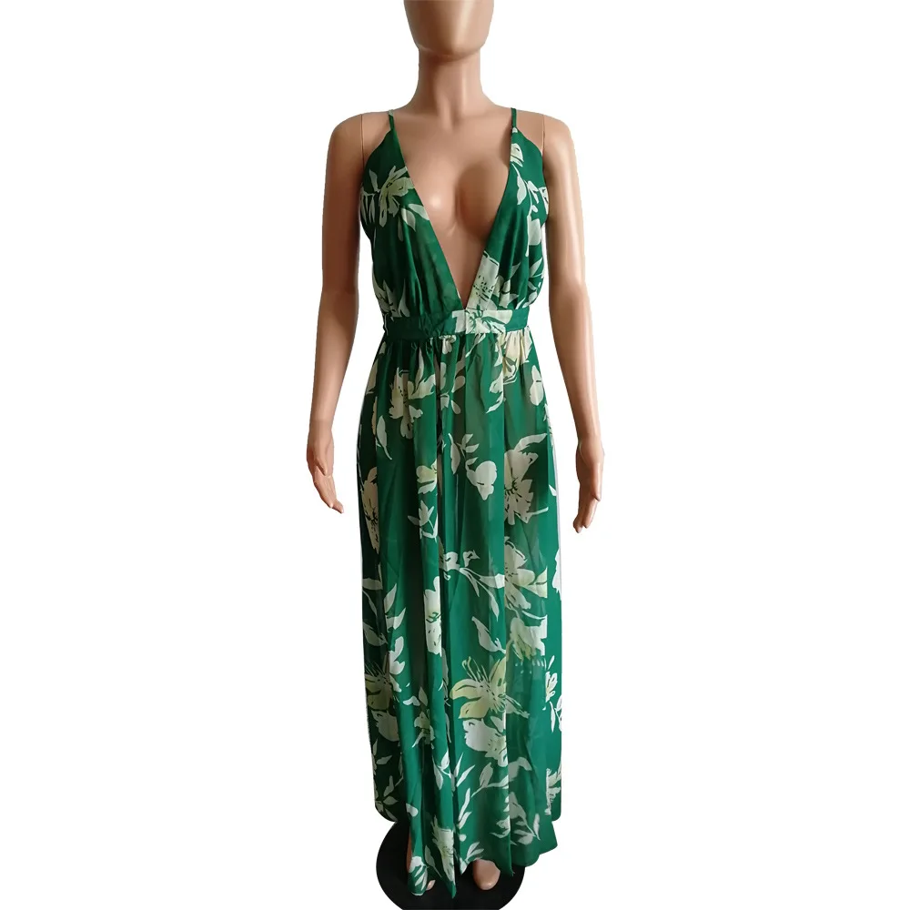 Женское длинное платье-макси с V-образным вырезом и цветочным принтом | Женская