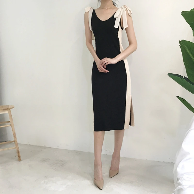 Женское винтажное вязаное платье без рукавов облегающее трикотажное