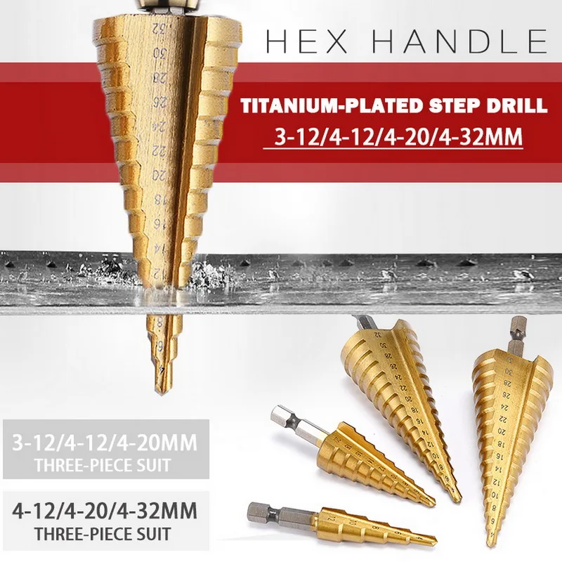 

3PCS 4-12 / 20 mm Drill Bit HSS Spiral Groove Center Solid Carbide Drill P6M5 Super Blue Nano Coating Step Cone Drill Bit