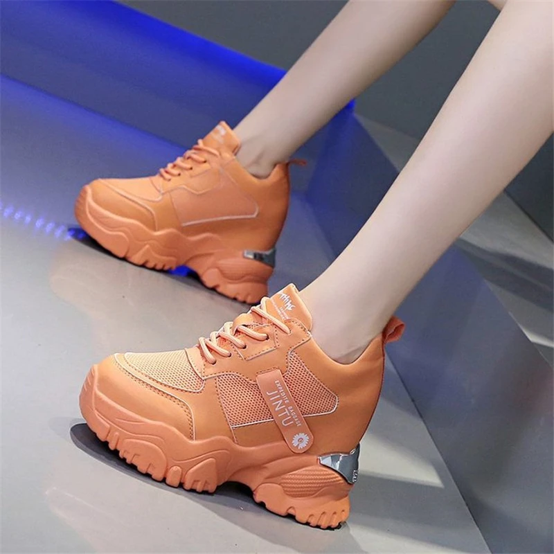

New Summer Breathable Sneakers Women Platform Mesh Leather Splicing Wedges Heels Casual Shoes Outdoors Fashion Running Footwear