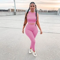 solid stretchy knitted suits two piece sets for women sleeveless crop tank top sporty skinny legging activewear matching outfit