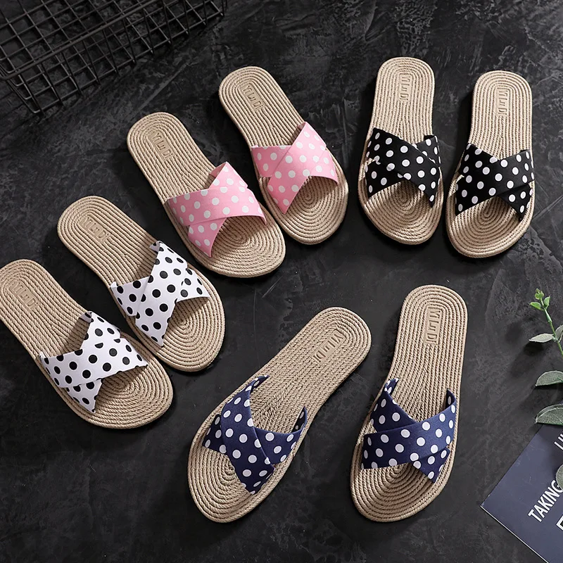 

Fashion Summer Slippers Shoes Women 2020 Casual Polka Dots canvas Flat Flip Flops Beach slides Sandals