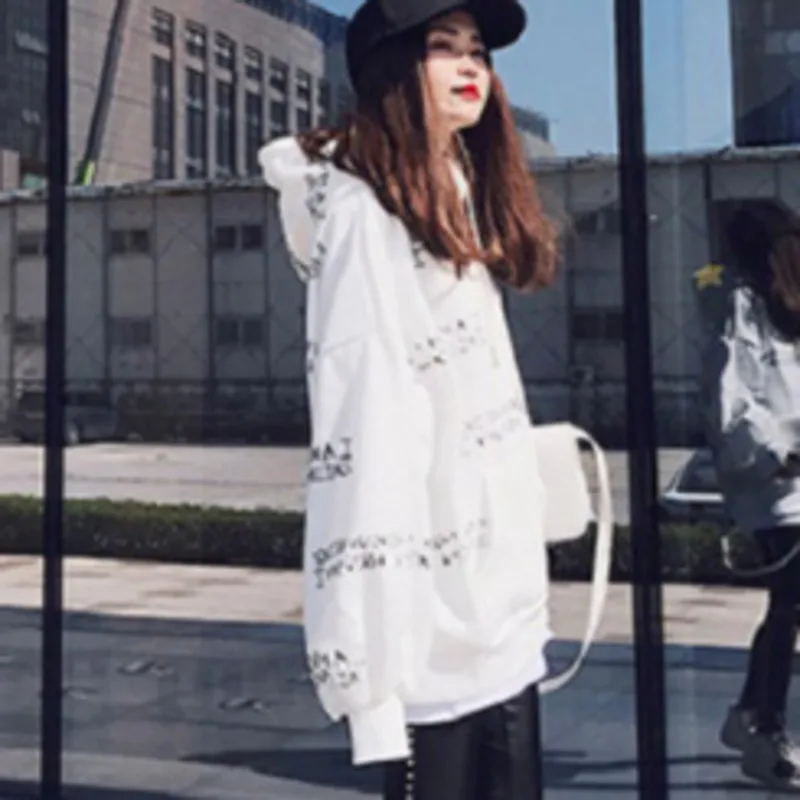 

#2166 Winter Hooded Sweatshirts Women Black White Long Sleeve Cotton Sweatshirt Ladies Letter Printed Streetwear Hip Hop Tops