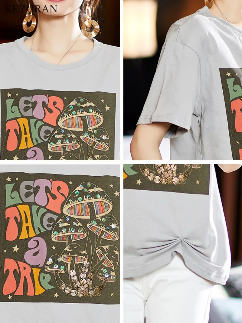 

Oversized Women T-shirt 2021 New Summer Plus Size Print Beading Short Sleeve T Shirt Female Casual Loose Gray Tops Tee Woman