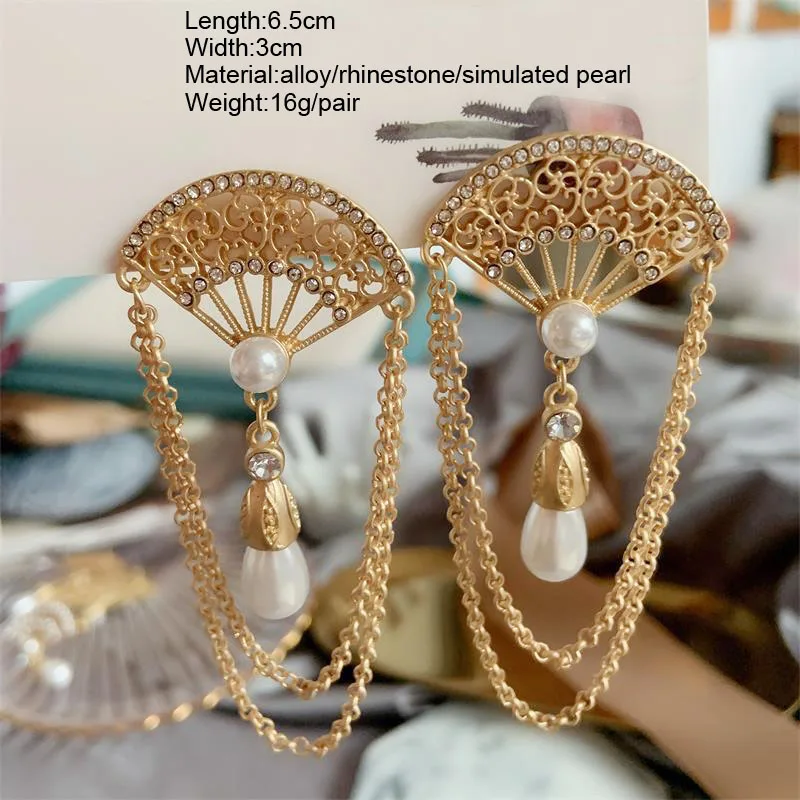F. J4Z Новые Роскошные Броши для женщин Barroque имитация жемчуга Rhinesetone Tassel Fan образные штифты и серьги Ювелирные изделия Подарки - Окраска металла: No.1 stud earrings
