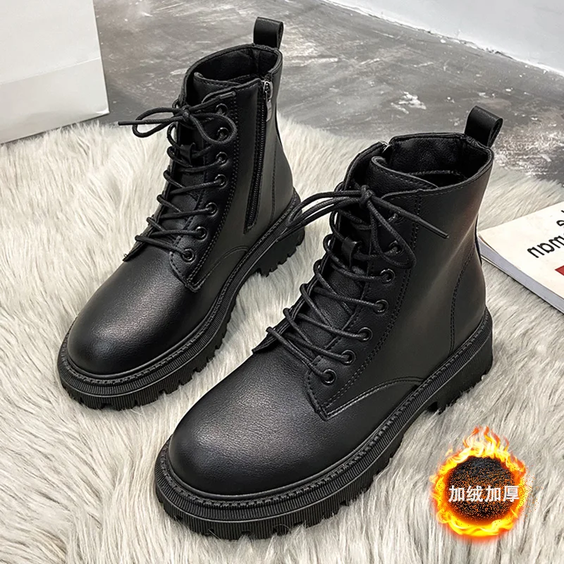 

Женские ботинки со шнуровкой, из искусственной кожи, замши, на платформе, зимние мотоциклетные ботинки, 2020