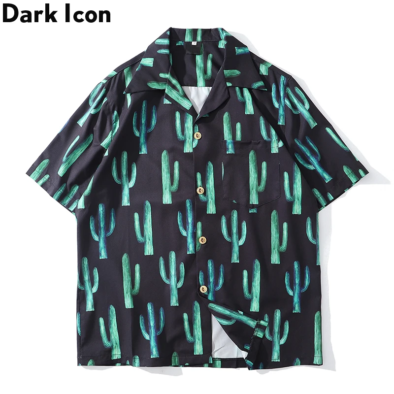 Мужская рубашка в винтажном стиле Dark Icon гавайская с принтом кактуса лето 2019 |