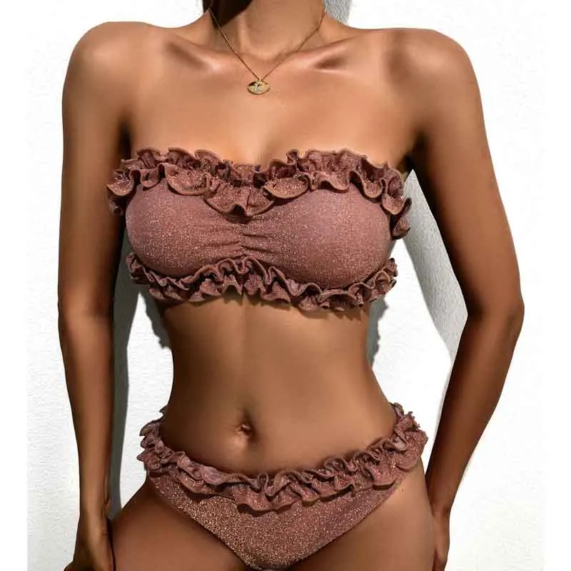 

Комплект бикини пуш-ап с цветочными оборками, купальник для женщин, сексуальный однотонный Блестящий женский купальный костюм-бандо, лето ...