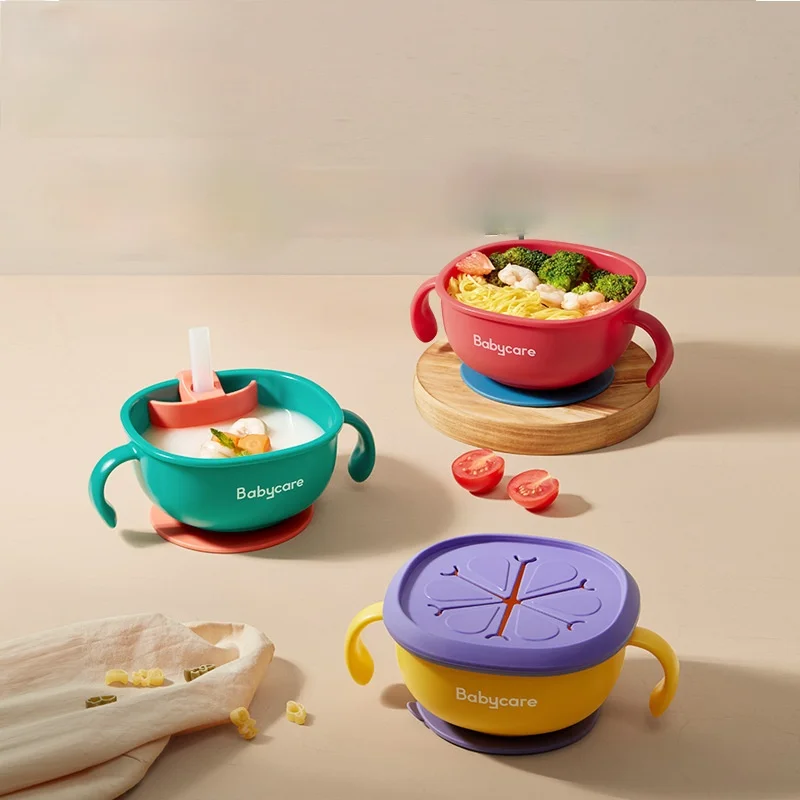 

Multifunction Baby Feeding/Snack/Soup Bowl with Straw Infant Learning Dishes Suction Bowl Handle Tableware Petal Snack Bowl