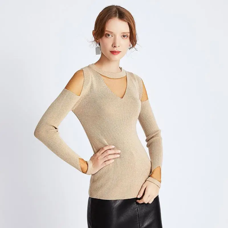 Off Shoulder Women Sweaters Mesh Patchwork Female Pullovers All Match Ladies Knitting Tops Slim Stretch Sweater Mujers 2019 New | Женская
