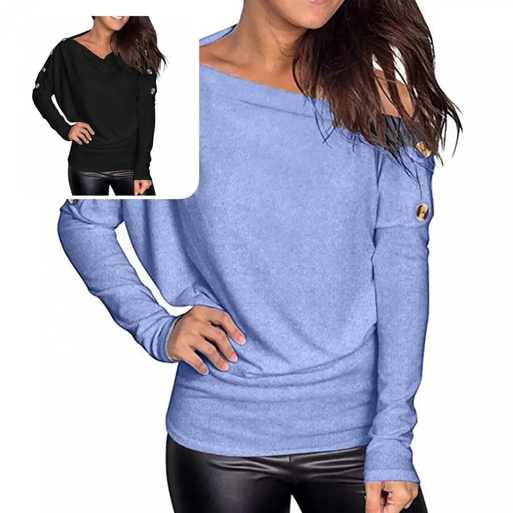 

Casual Blouse Classic Skin-friendly Stretchy Slash Collar Buttons Decor Pullover Top for Outdoor Blouse Basic Blouse