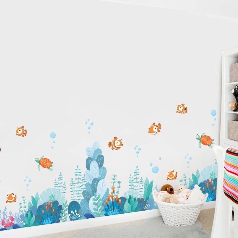 Cartoon Ocean PVC Wall Stickers for Kids rooms Bathroom Nursery Decor Waterproof Vinyl Baseboard Decals Art Home Decoration | Дом и сад