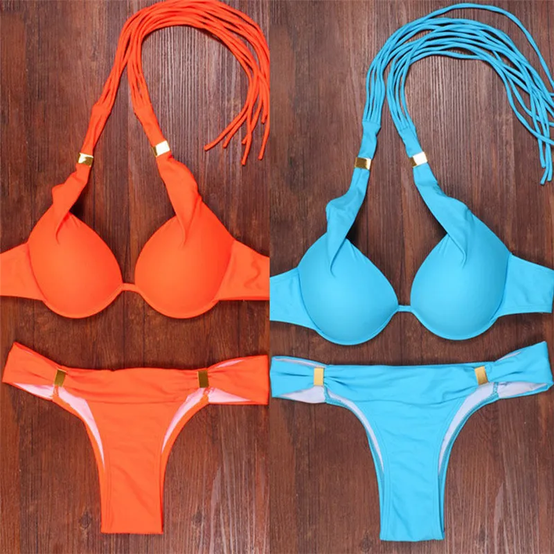 

Women Solid Orange Blue BikiniSexy Push Up Swimsuit Brazilian Swimwear Female Thong Bathing Suit Beachwear Biquini