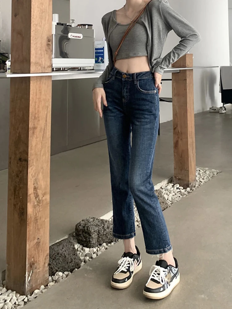 

Fall Women High Waist Jeans Slim Fit Heart-Shaped Pockets Zipper Streetwear Pants Fashion Straight Female Denim Cropped Trousers