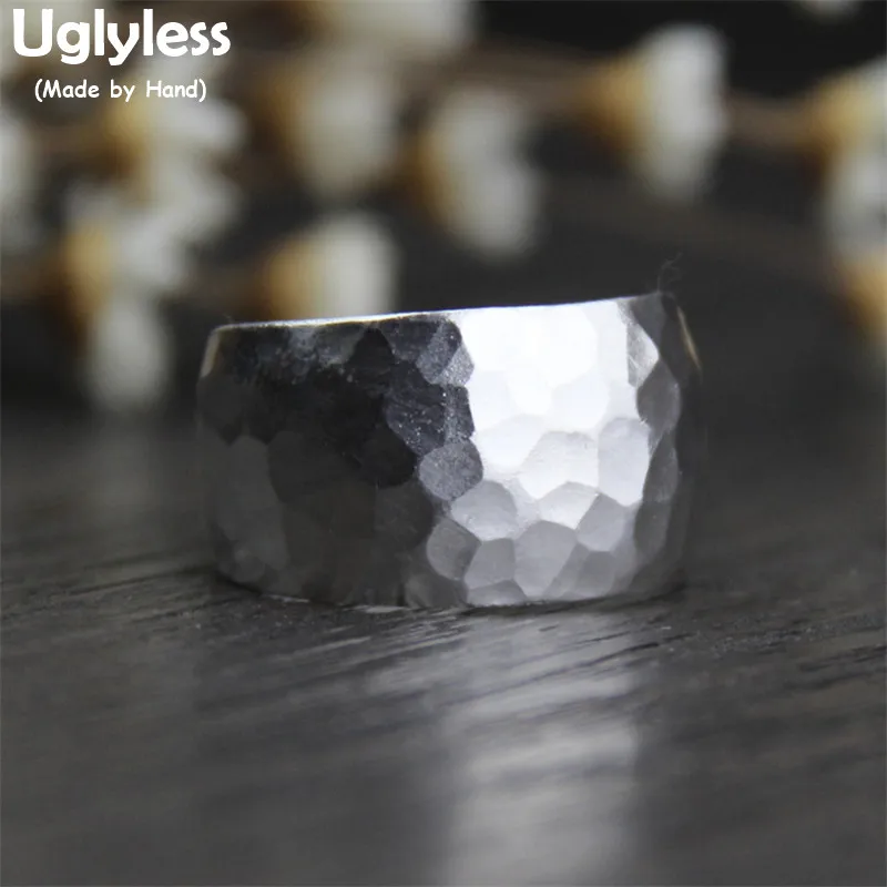 

Uglyless Real 999 Full Silver Granny Rings Uneven Knocking Face Wide Rings Women Simple Fashion Ring Chiang Mai Thailand Jewelry
