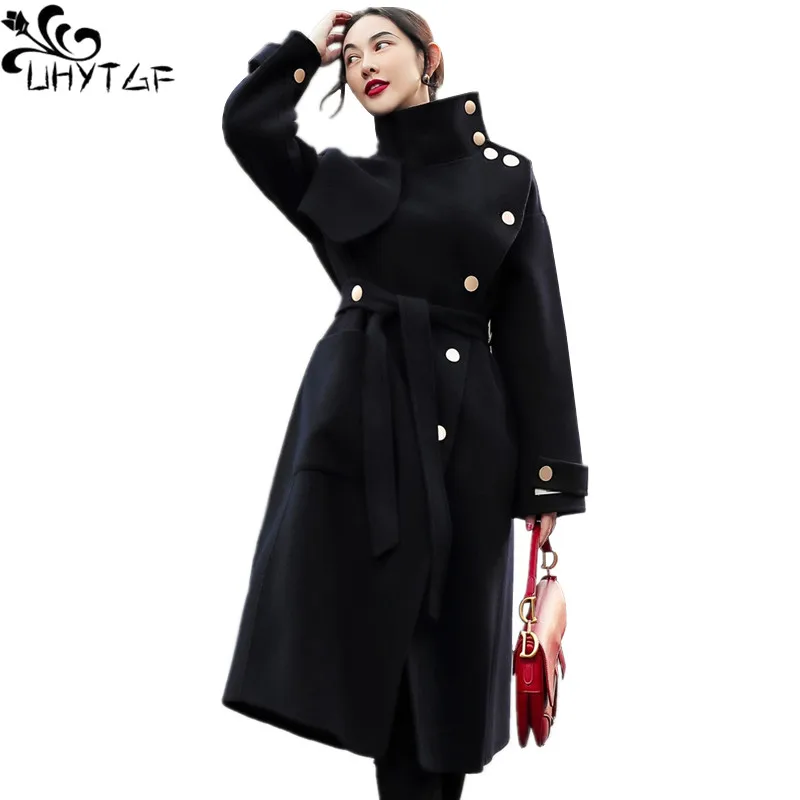

UHYTGF Autumn Winter Cashmere jacket Women Cashmere Warm Coat Women's belt splice High-end fashion Female Woolen Overcoat X687