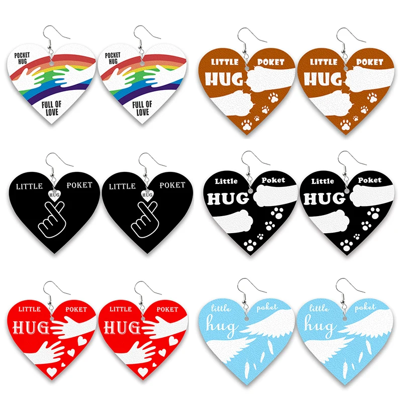 

Rainbow Heart Shape Leather Earrings Female Little Pocket Hug Gifts Cute Bear Claw Wing Feather Pattern Fashion Dangle Earrings