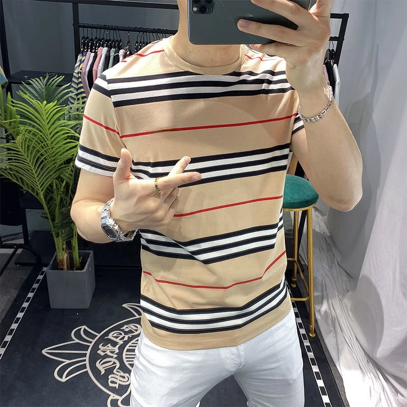 

Short-Sleeved T-Shirt Tide Brand Personality Striped Polo Shirt Male 2021 Summer New Self-Cultivation Youth Half-Sleeved