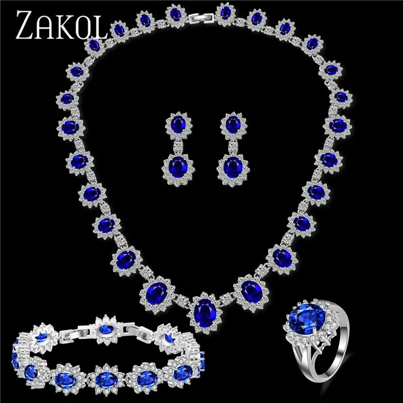 Изысканный Овальный набор ювелирных изделий ZAKOL из голубого циркония с микро инкрустацией с роскошным белым цветом для подружки невесты ювелирные изделия FSSP018